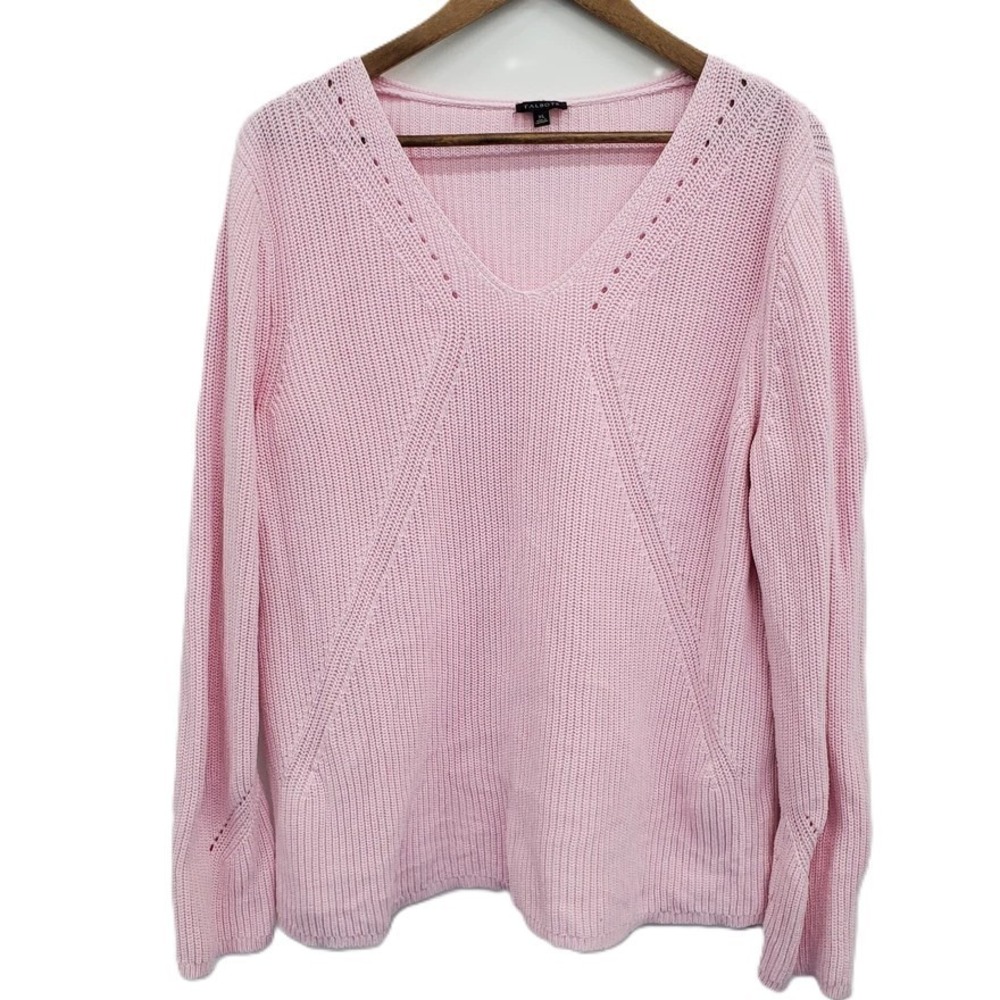 Talbots Womens XL Pink Cotton V-Neck Knit Long Sleeve Pullover Sweater